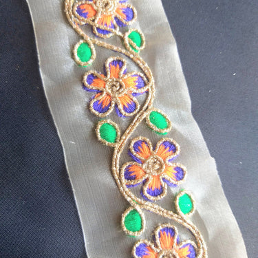 Gold Sheer Tissue Fabric Trim With Embroidered Pink / Blue, Orange, Green & Gold Flowers
